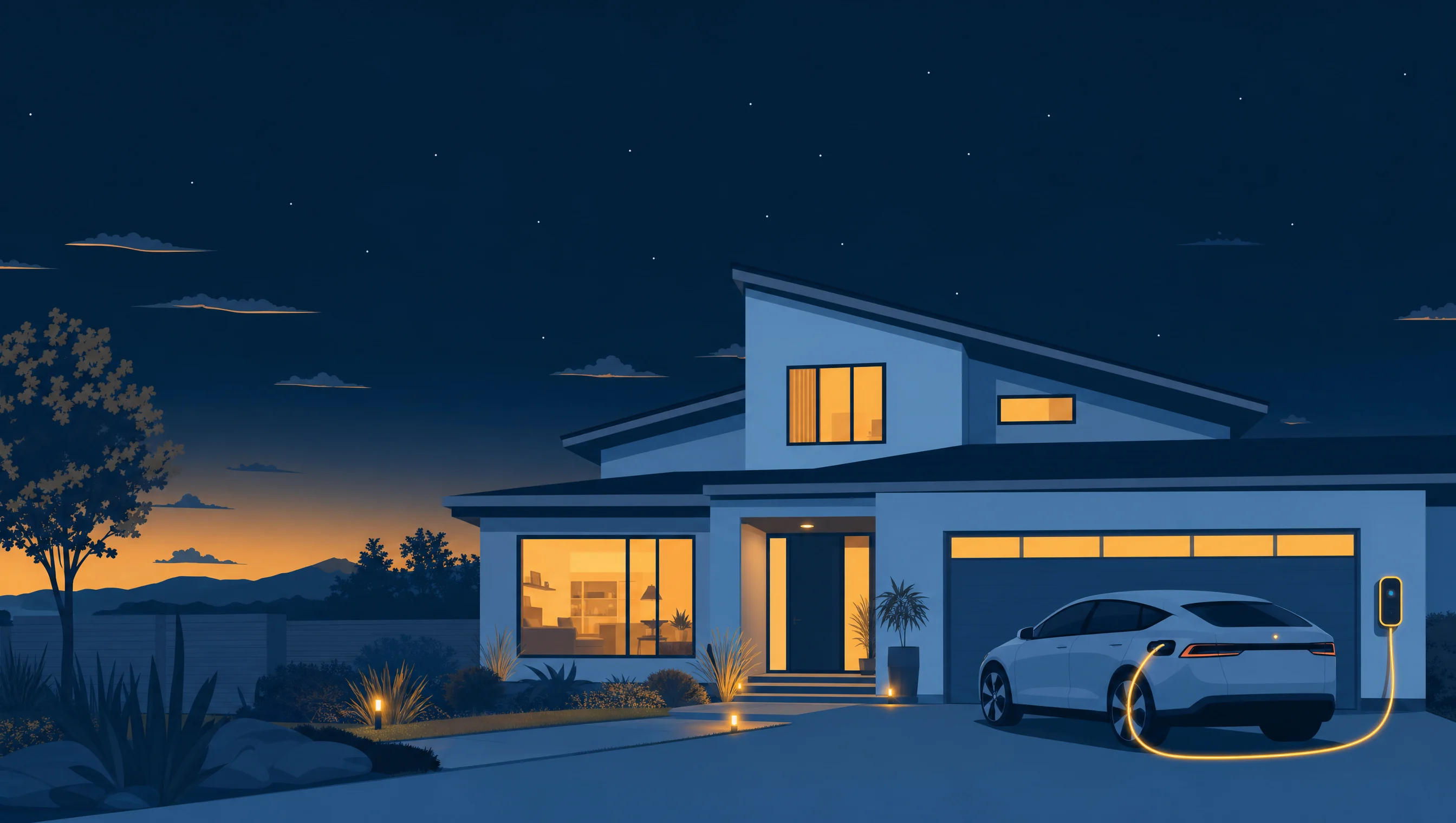Illustration of a home charging an electric car at dusk