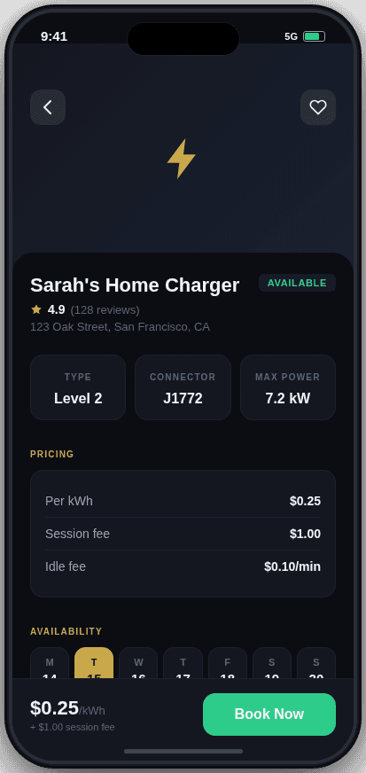 EdnaCharge app: charger details and booking
